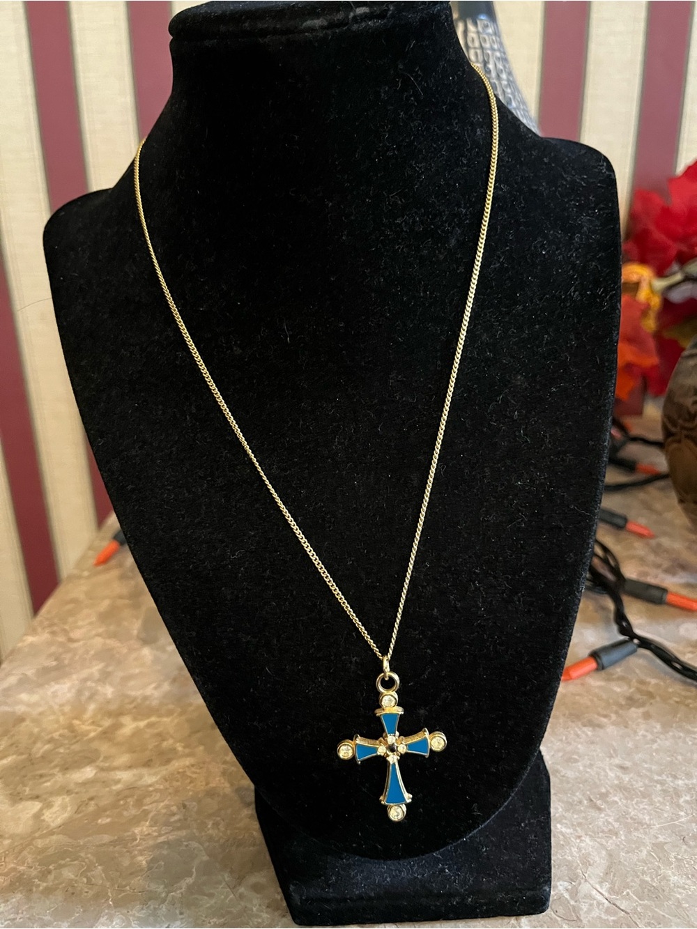 Vintage blue enamel cross pendant necklace
